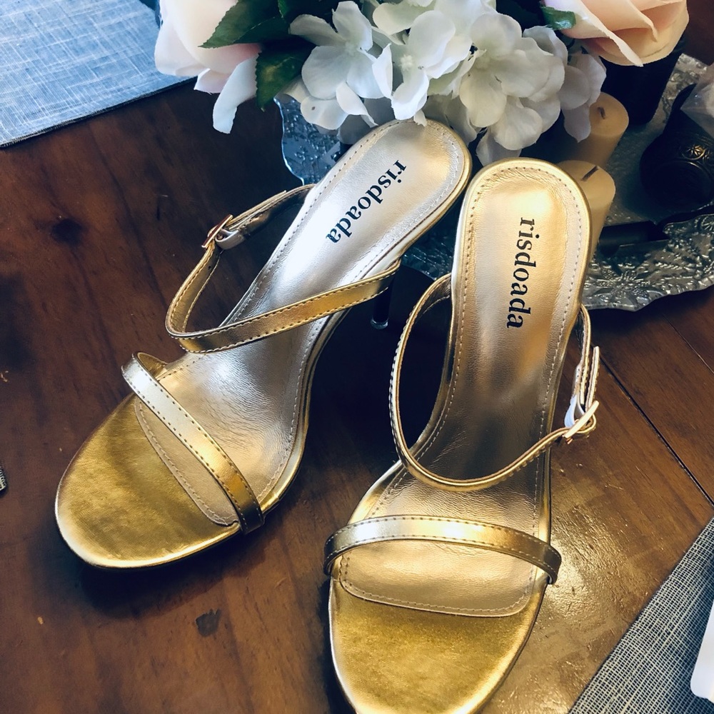 Risdoada Gold Strappy Stilleto Mules -Size 8